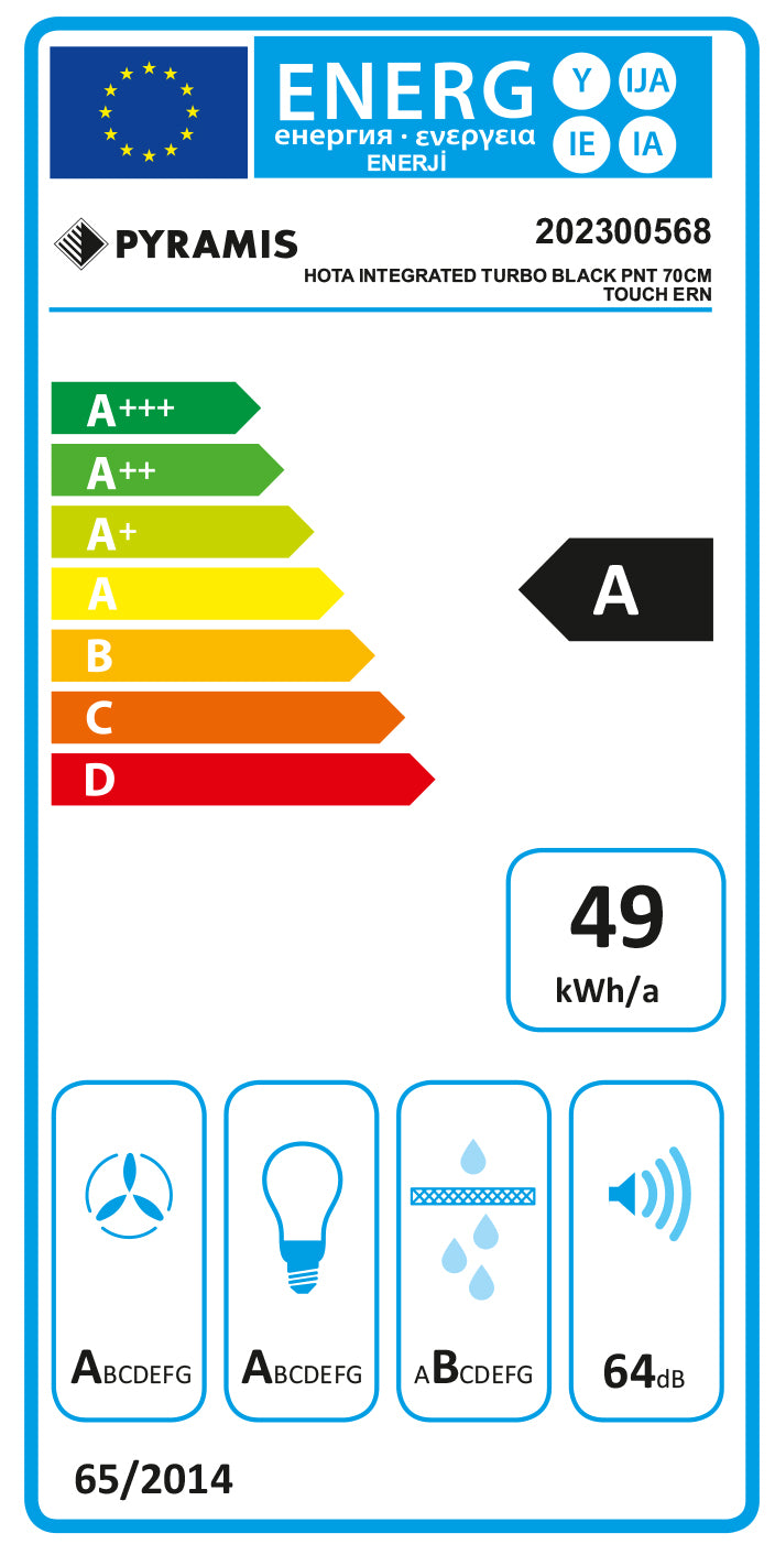 Hota total incorporabila Pyramis Turbo ERN, 70 cm, 1 motor, 760m³h, electronic Soft Touch control, Timer