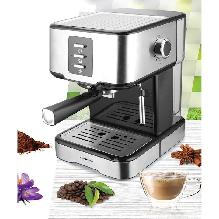 Espressor manual Heinner Brassile HEM-850IXBK, 850W, 15bar, rezervor detasabil 1.5L, filtru dublu din inox, Negru/Inox - EpicHome