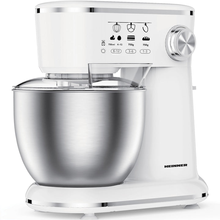 Mixer planetar Heinner HPM-1000WHCH , 1000w, bol inox 5l, 10 viteze, accesorii tel, carlig framantare, paleta, capac transparent protectie, Alb - EpicHome
