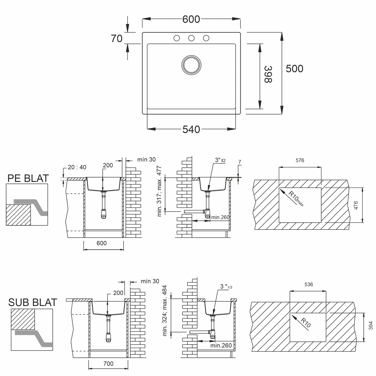 Chiuveta soft compozit Pyramis SQUARE 60x50cm, montaj pe blat sau sub blat