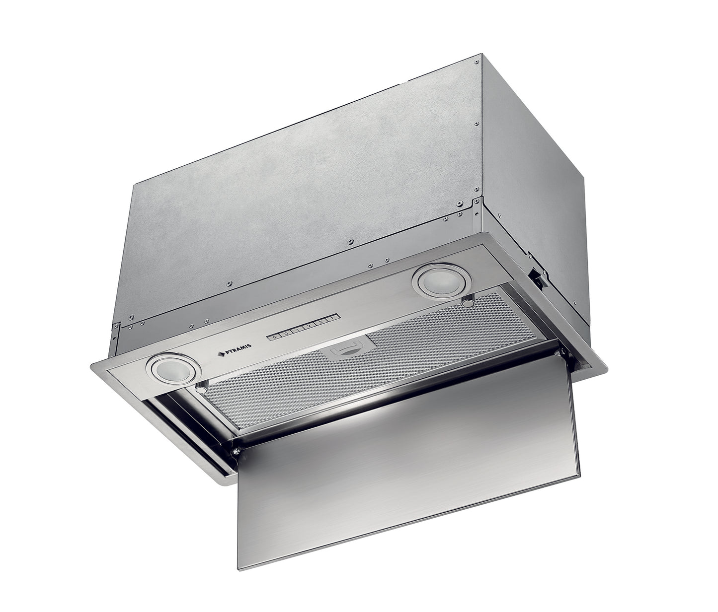 Hota total incorporabila Pyramis Turbo Plus, 55 cm, 1 motor, 730m³h, electronic control, Timer, finisaj metal vopsit gri si rama inox