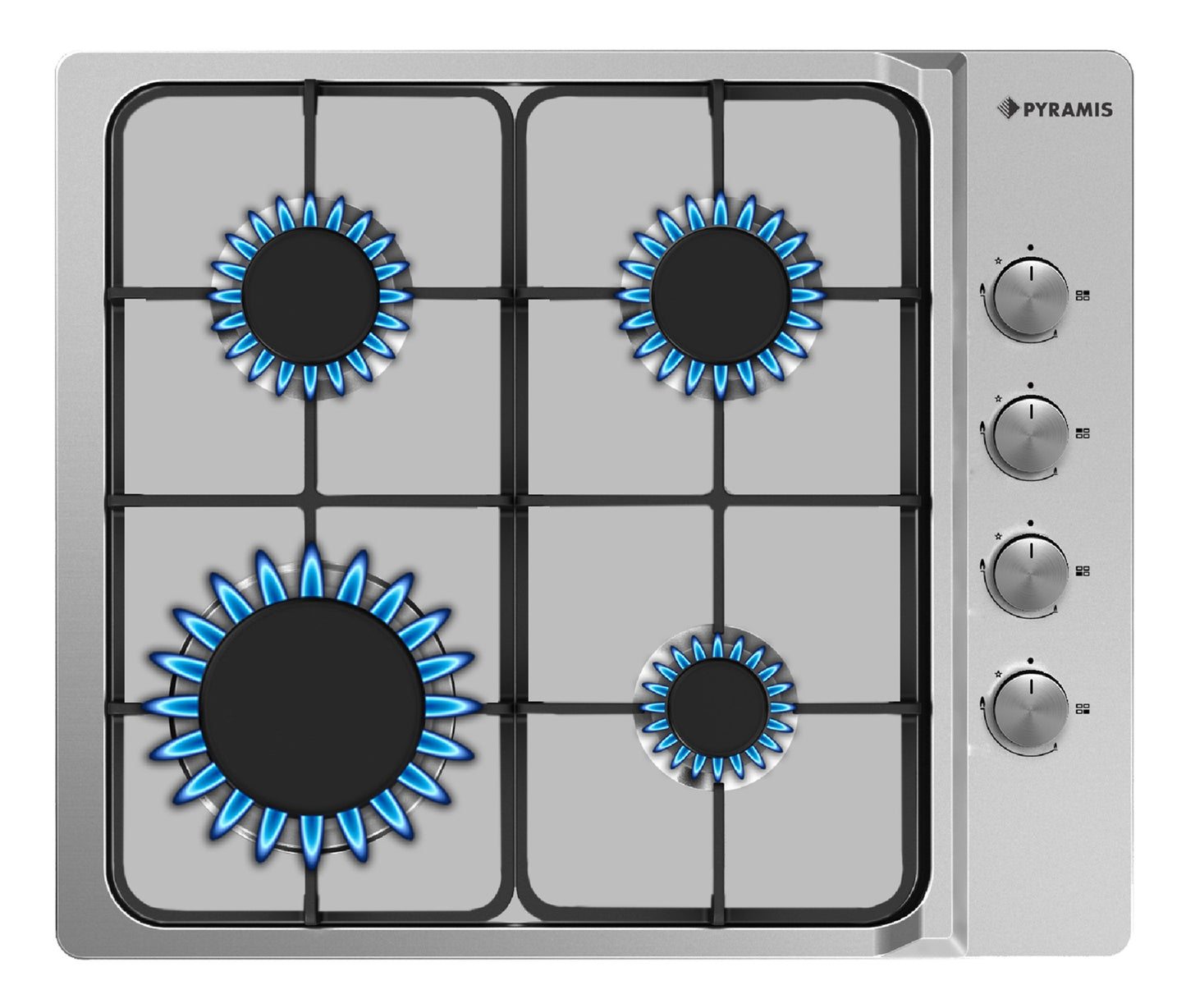 Plita gaz Pyramis 4102, Inox, gratare emailate, 60x51 cm