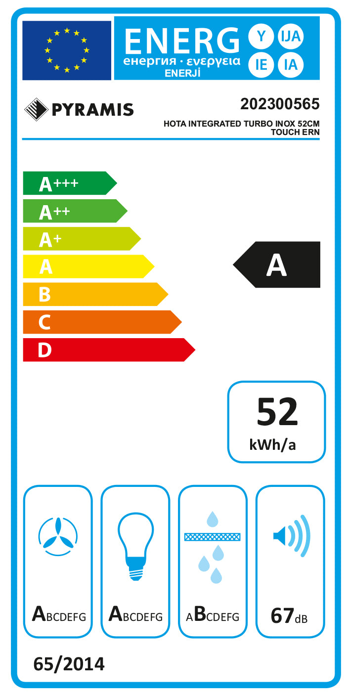 Hota total incorporabila Pyramis Turbo ERN, 52 cm, 1 motor, 760m³h, electronic Soft Touch control, Timer