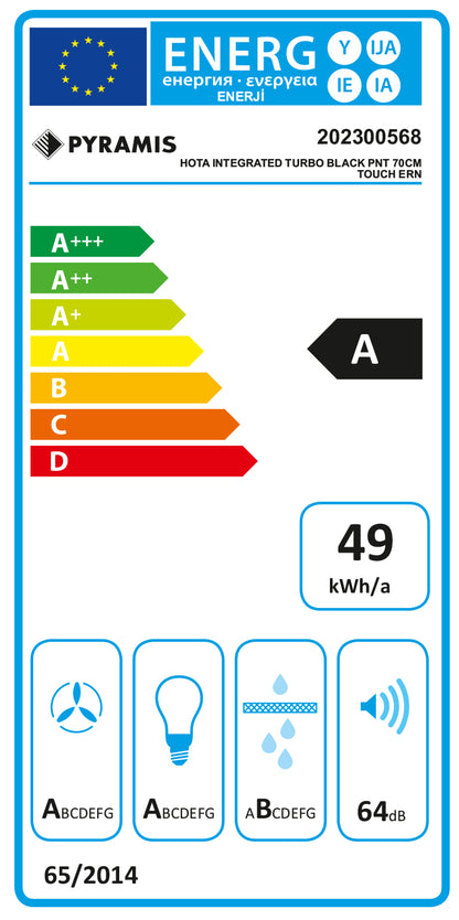 Hota total incorporabila Pyramis Turbo ERN, 70 cm, 1 motor, 760m³h, electronic Soft Touch control, Timer