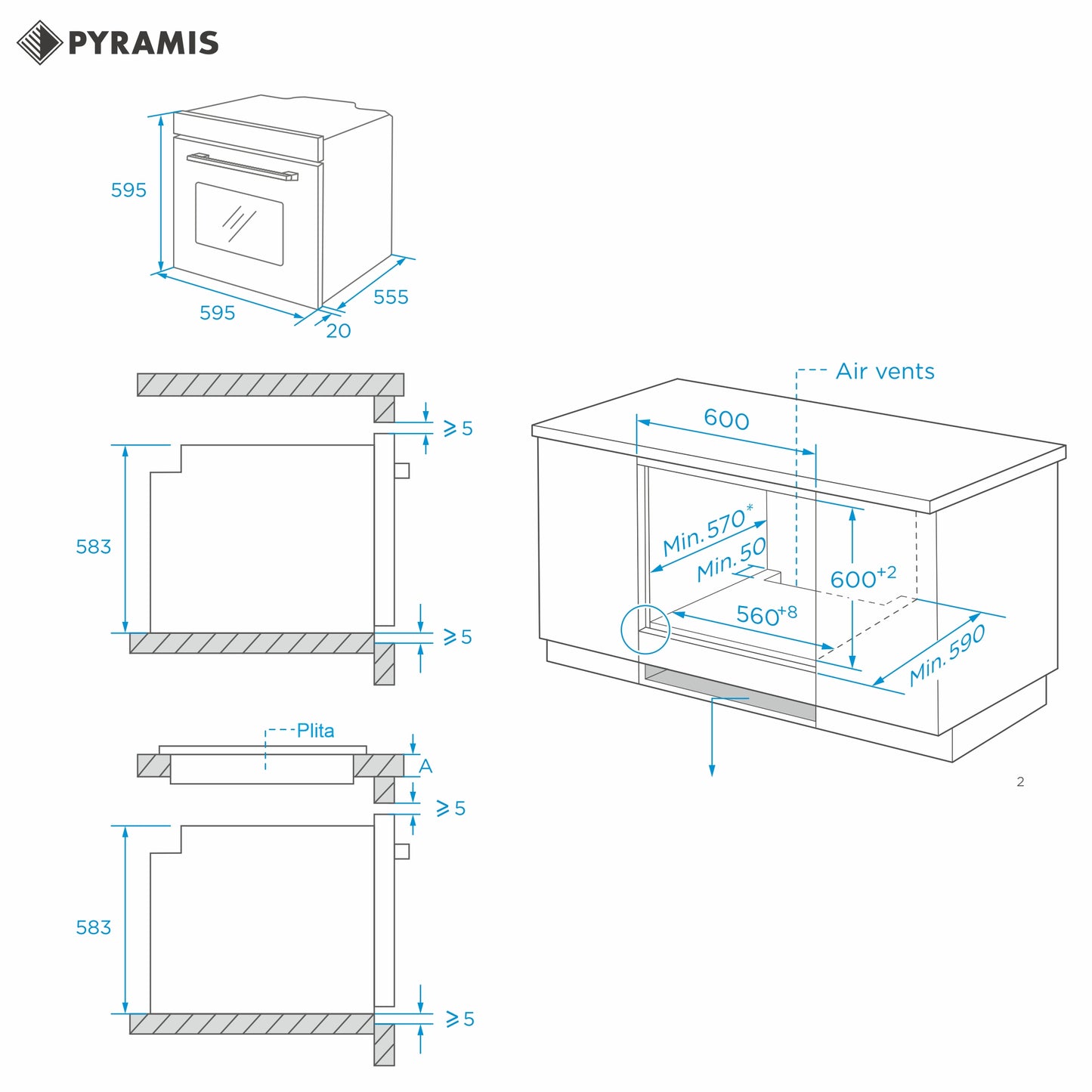 Cuptor electric Pyramis 60IN 6075 Megalo Black Glass, 8 functii, clasa A, volum 65 litri, Aqua Clean