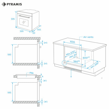 Cuptor electric Pyramis 60IN 6075 Megalo Black Glass, 8 functii, clasa A, volum 65 litri, Aqua Clean