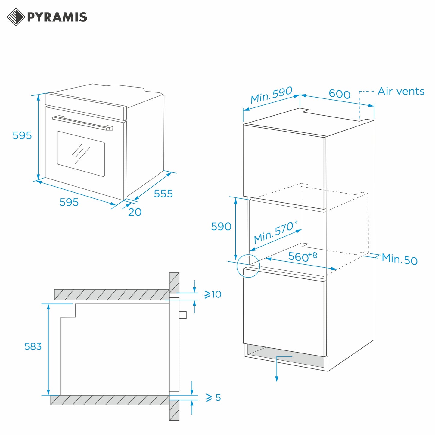 Cuptor electric Pyramis 60IN 6075 Megalo Black Glass, 8 functii, clasa A, volum 65 litri, Aqua Clean