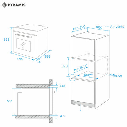 Cuptor electric Pyramis 60IN 6075 Megalo Black Glass, 8 functii, clasa A, volum 65 litri, Aqua Clean