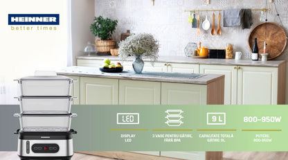Aparat de gatit cu aburi Heinner HSA-D950SS, 950W, display LED, 1.5 litri - EpicHome