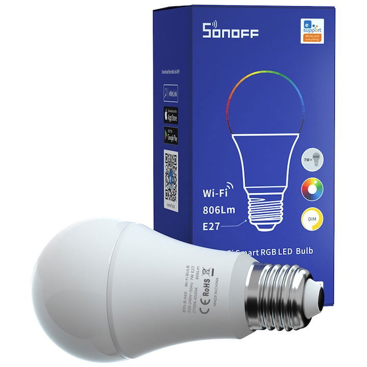 Bec LED inteligent Sonoff RGB B05-BL-A60, WiFi+Bluetooth, E27, 9W, 806 lm, lumina colorata, Amazon Alexa/Google Assistant , clasa energetica F - EpicHome