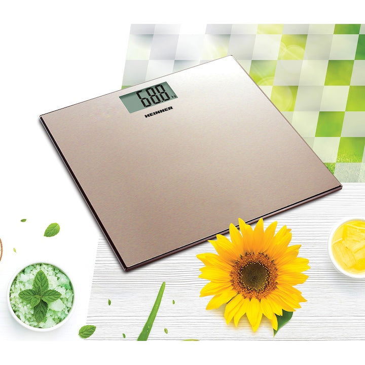 Cantar de baie Heinner HBS-180SSGD, 180kg, platforma din inox colorat, 30 x 30 cm, display LCD, baterii 2 x 1.5V AAA, gold - EpicHome