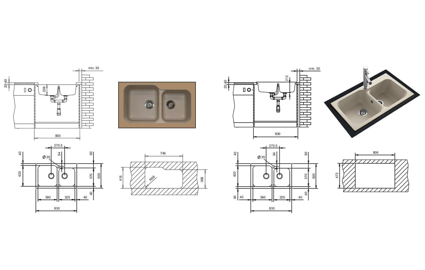 Chiuveta soft compozit Pyramis TWIN Durothek 83x50cm - EpicHome.ro