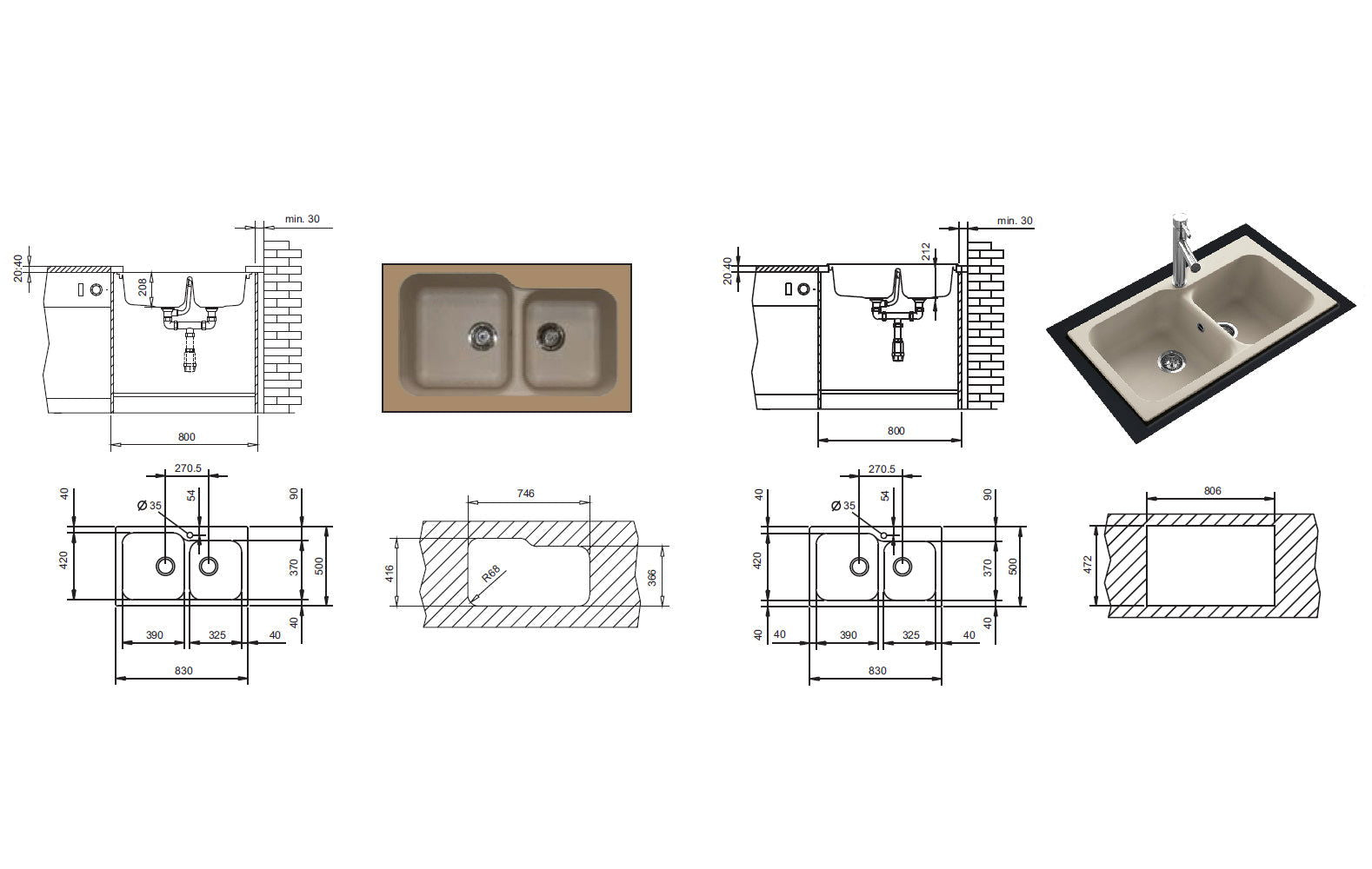 Chiuveta soft compozit Pyramis TWIN Durothek 83x50cm - EpicHome.ro