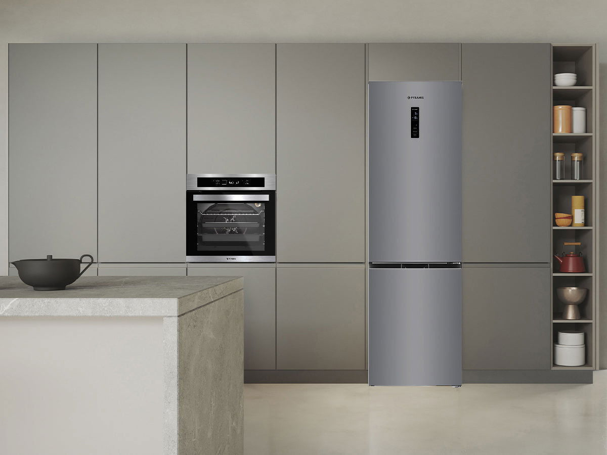 Combina frigorifica Pyramis FSO 185 Inox, Inverter, total NO FROST, clasa E, capacitate totala 323 litri - EpicHome.ro