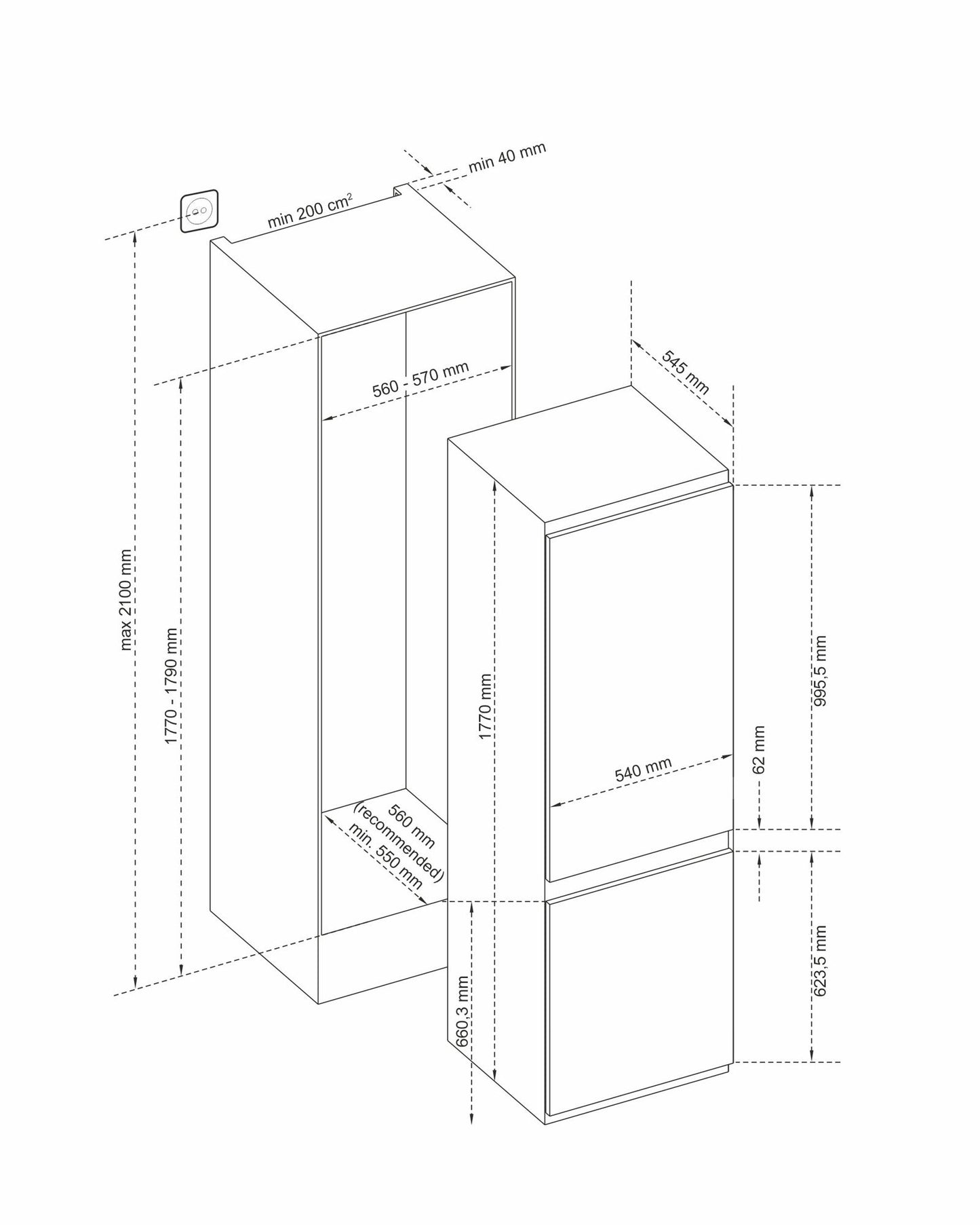 Combina frigorifica incorporabil Pyramis VE27RO61, FROST FREE, clasa E, capacitate totala 243 litri - EpicHome.ro
