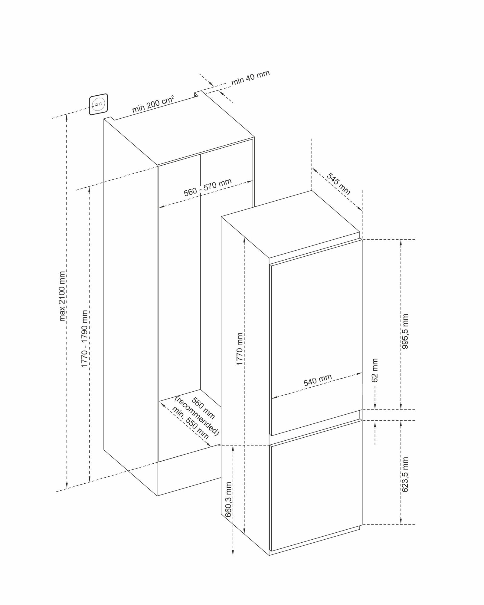 Combina frigorifica incorporabil Pyramis VE27RO61, FROST FREE, clasa E, capacitate totala 243 litri - EpicHome.ro