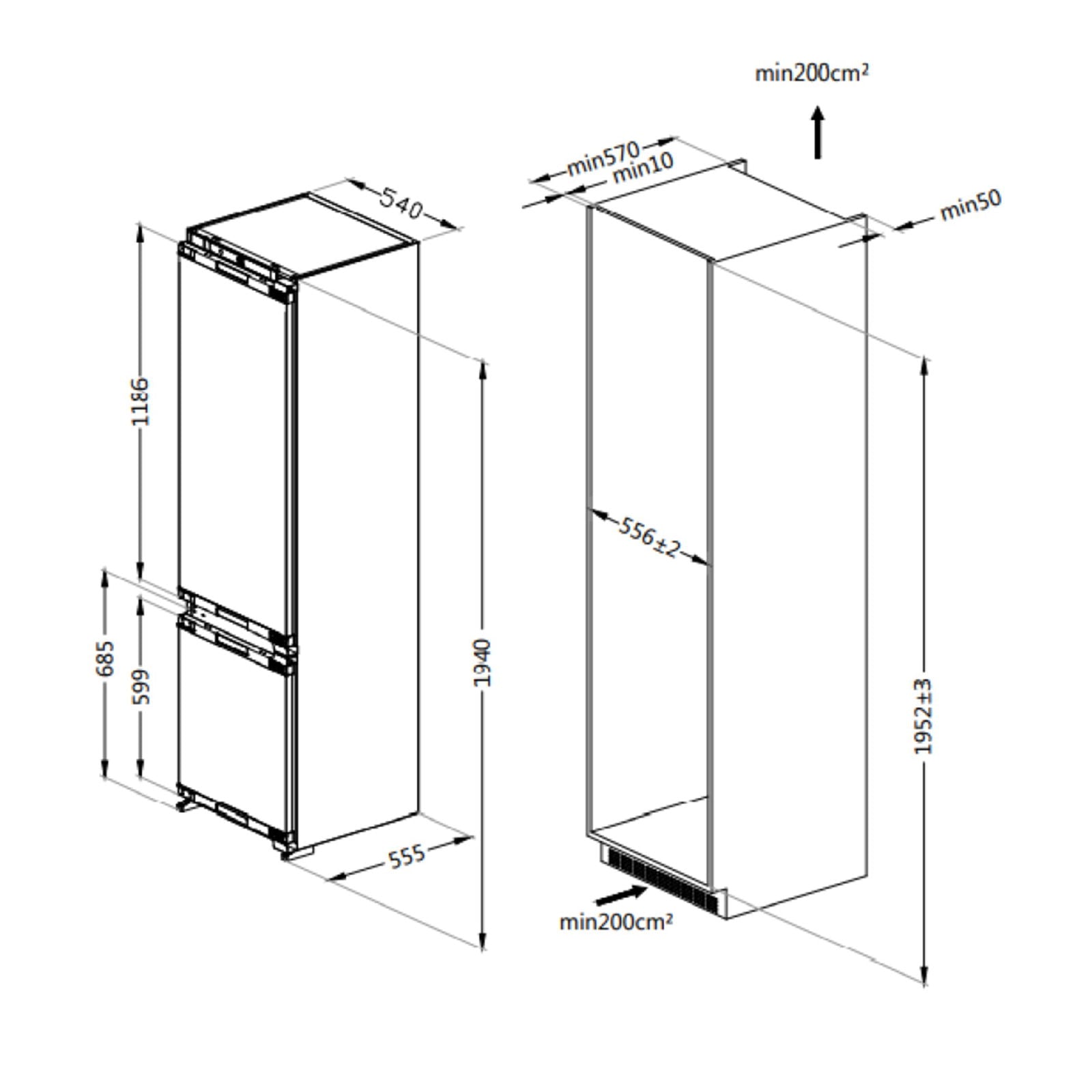 Combina frigorifica incorporabila Pyramis BBI 193RO, NO FROST, clasa F, capacitate totala 310 litri - EpicHome.ro