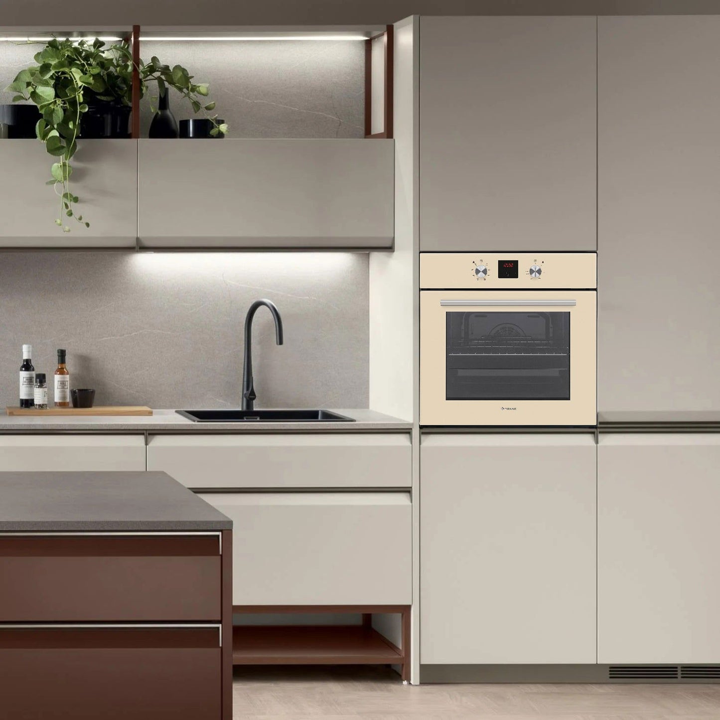 Cuptor electric Pyramis 60IN 2011 Beige Glass PP, 9 functii, clasa A, 69 litri, Rotisor, Soft Close, butoane retractabile - EpicHome.ro