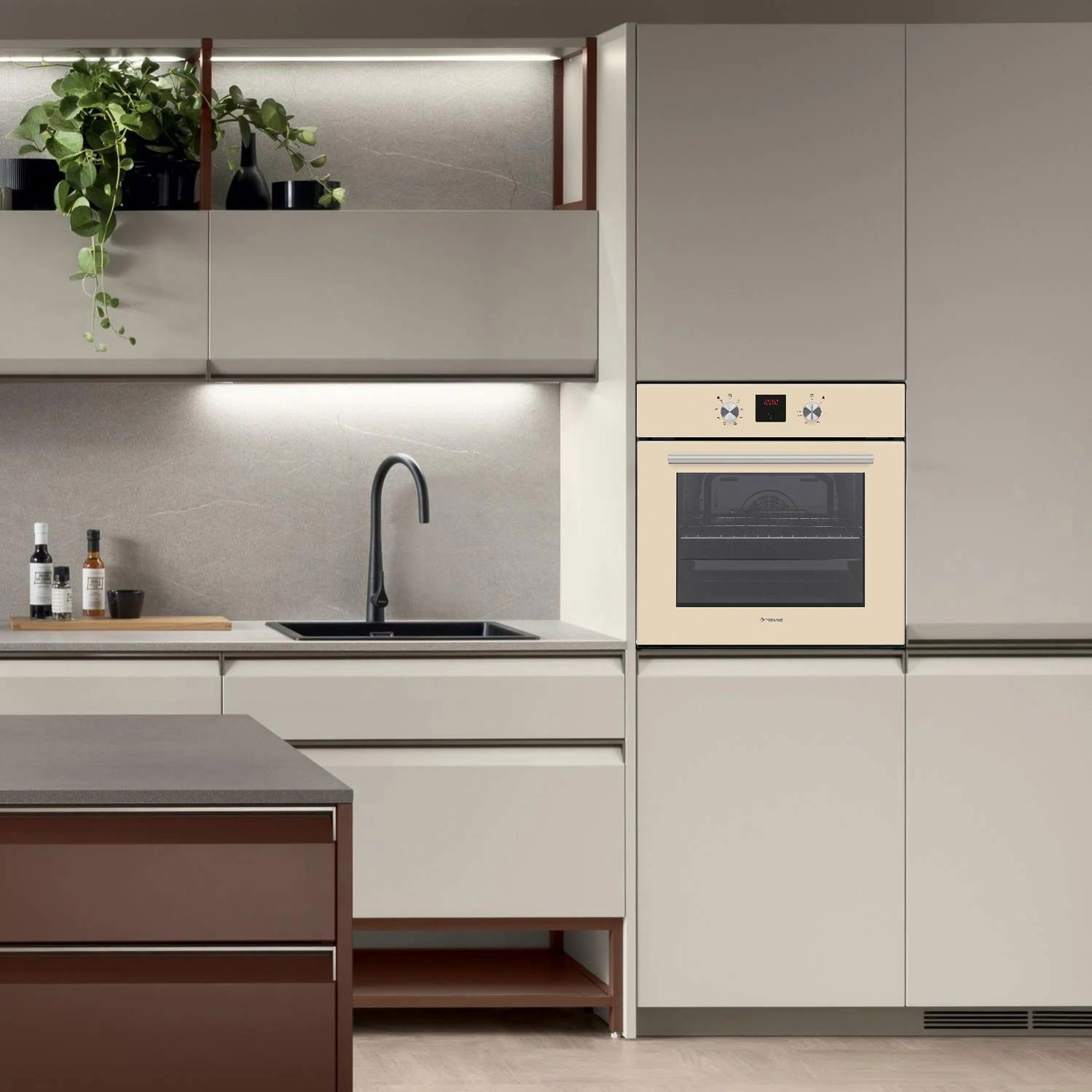 Cuptor electric Pyramis 60IN 2011 Beige Glass PP, 9 functii, clasa A, 69 litri, Rotisor, Soft Close, butoane retractabile - EpicHome.ro