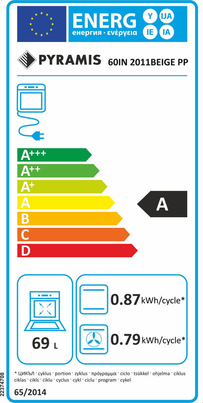 Cuptor electric Pyramis 60IN 2011 Beige Glass PP, 9 functii, clasa A, 69 litri, Rotisor, Soft Close, butoane retractabile - EpicHome.ro