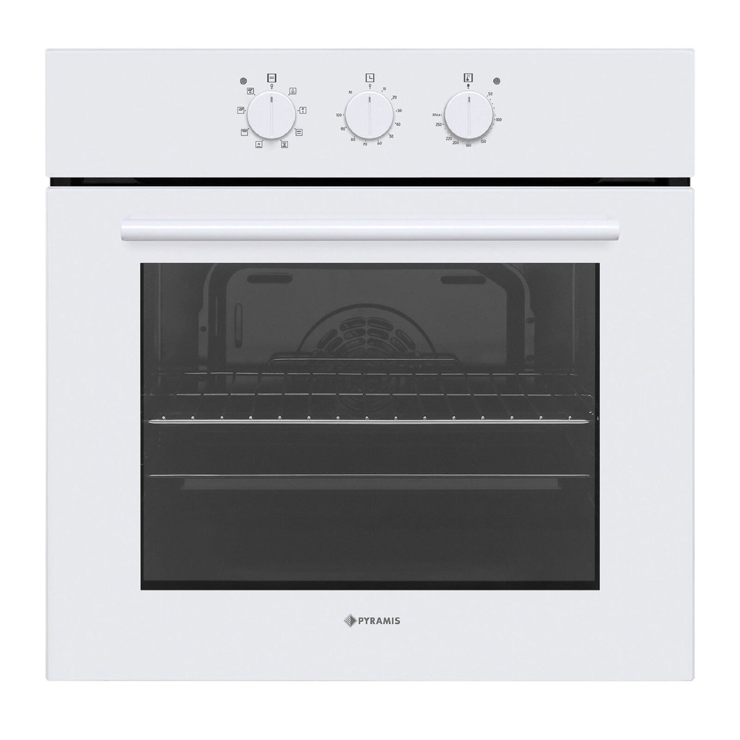 Cuptor electric Pyramis 60IN 4001 White Glass, 8 functii, clasa A, 69 litri, timer mecanic, butoane rotative - EpicHome.ro