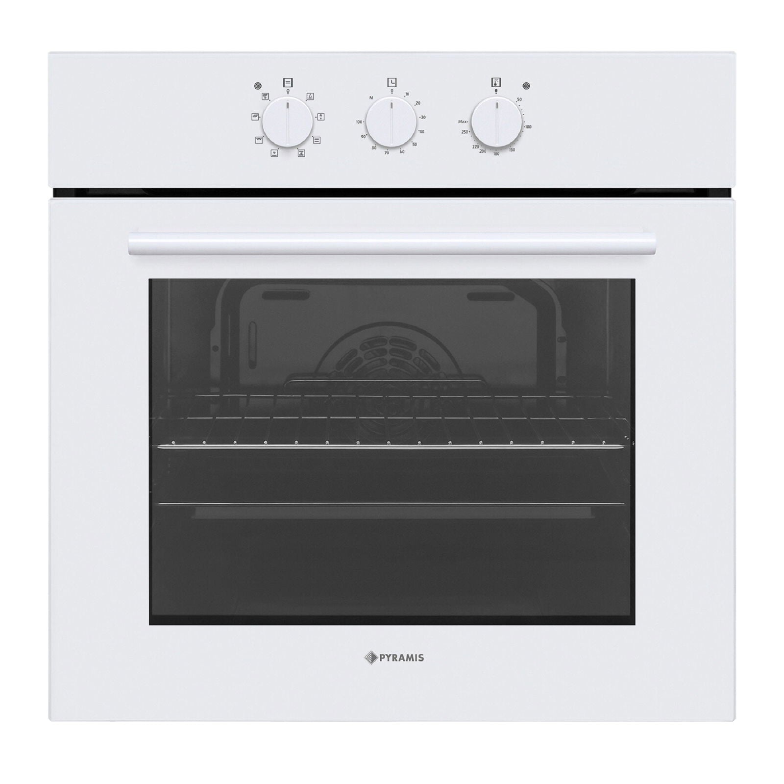 Cuptor electric Pyramis 60IN 4001 White Glass, 8 functii, clasa A, 69 litri, timer mecanic, butoane rotative - EpicHome.ro