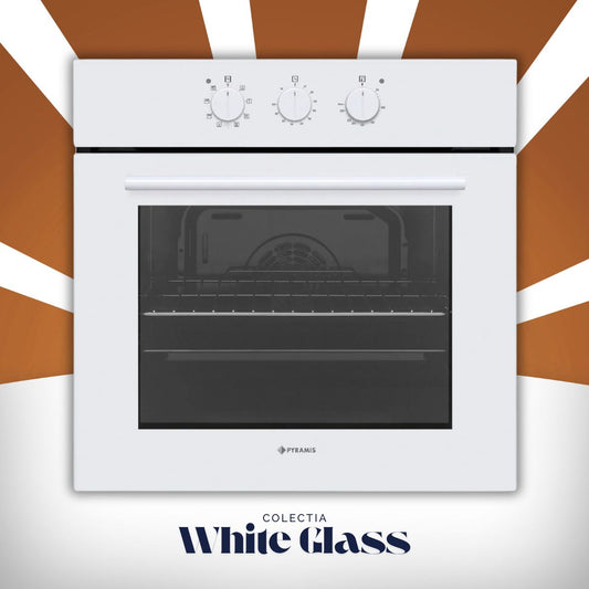 Cuptor electric Pyramis 60IN 4001 White Glass, 8 functii, clasa A, 69 litri, timer mecanic, butoane rotative
