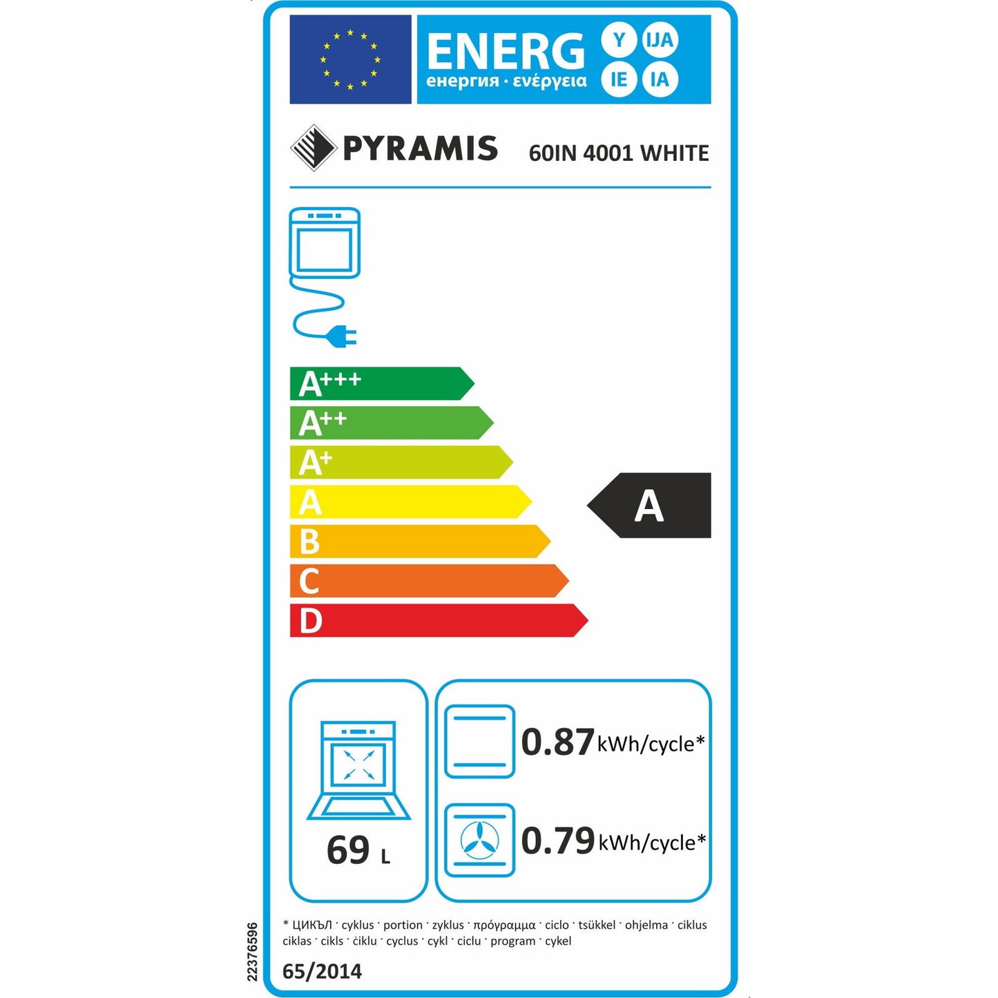 Cuptor electric Pyramis 60IN 4001 White Glass, 8 functii, clasa A, 69 litri, timer mecanic, butoane rotative - EpicHome.ro
