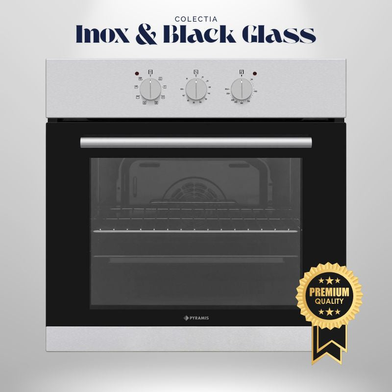 Cuptor electric Pyramis 60IN 6001 Inox & Black Glass, 8 functii, clasa A, 69 litri, timer mecanic, butoane rotative