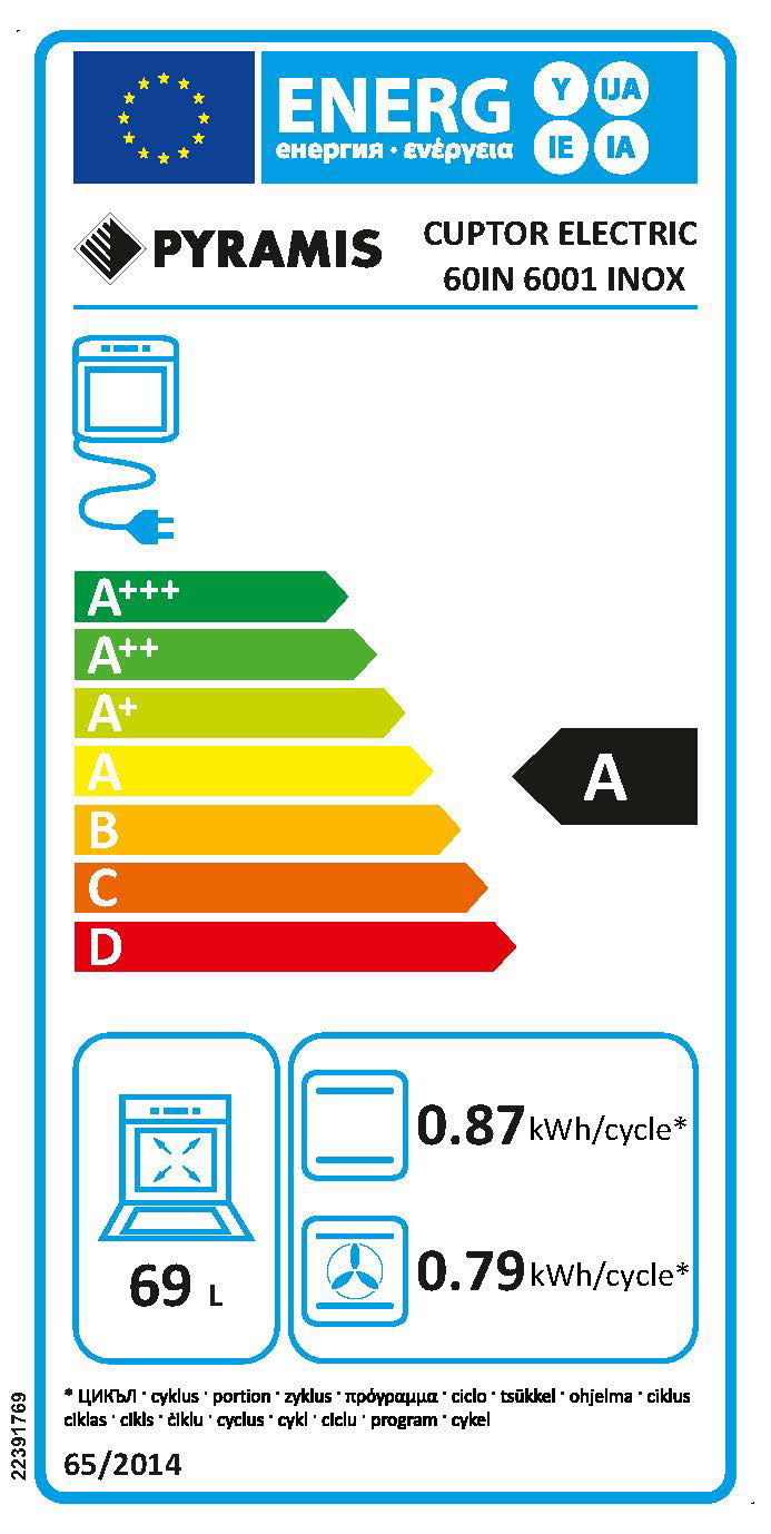 Cuptor electric Pyramis 60IN 6001 Inox & Black Glass, 8 functii, clasa A, 69 litri, timer mecanic, butoane rotative - EpicHome.ro