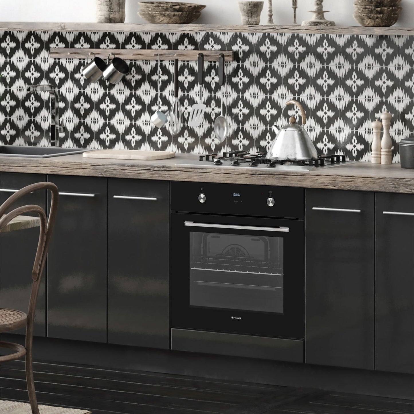 Cuptor electric Pyramis 60IN 80202 Black Glass, 8 functii, clasa A, 69 litri, timer electronic, butoane rotative - EpicHome.ro