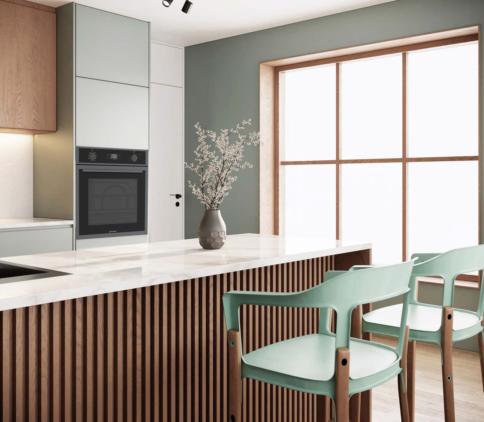 Cuptor electric Pyramis 60IN 8080 PVD, 8 functii, clasa A, 64 litri, AirFry, Rotisor, SelfClean+, Soft Close, butoane retractabile - EpicHome.ro