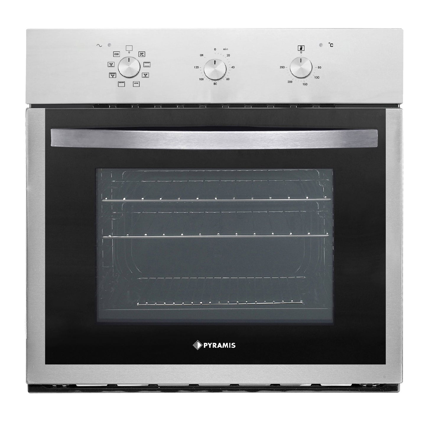 Cuptor electric Pyramis BAS 1001 Inox & Black Glass, 8 functii, clasa A, 63 litri, timer mecanic, butoane rotative - EpicHome.ro