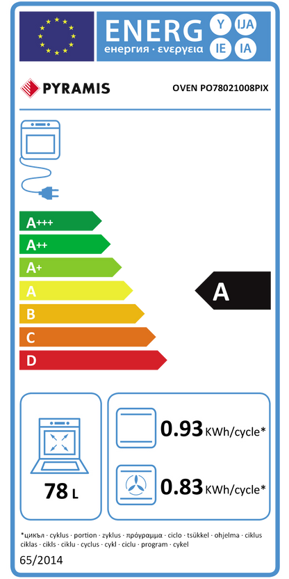 Cuptor electric Pyramis PO78021008PIX Black Glass si Inox, 8 functii, clasa A, 78 litri, timer mecanic, butoane retractabile - EpicHome.ro