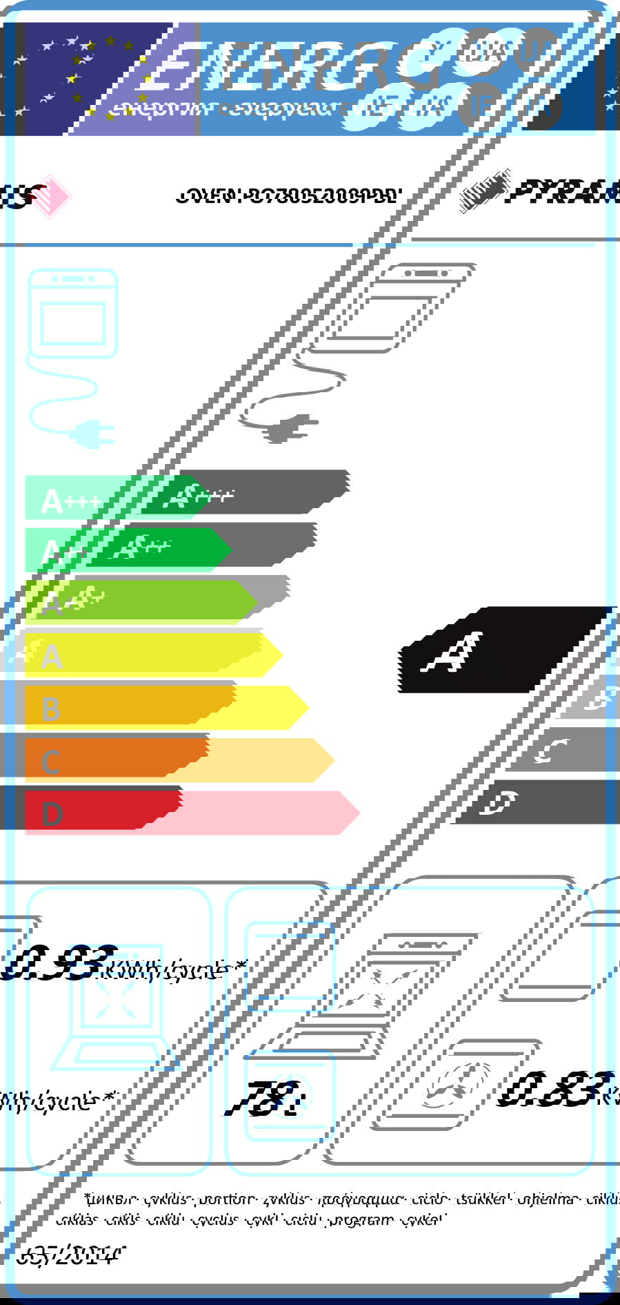 Cuptor electric Pyramis PO78052009PBL Full Black Glass, 9 functii, clasa A, volum 78 litri, timer digital, Soft Close, butoane retractabile - EpicHome.ro