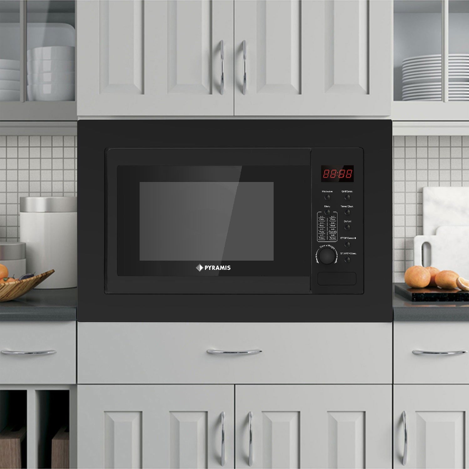 Cuptor microunde incorporabil Pyramis 30UG Black, 28 litri, 900 W, 8 func?ii automate, 595x381x355mm - EpicHome.ro
