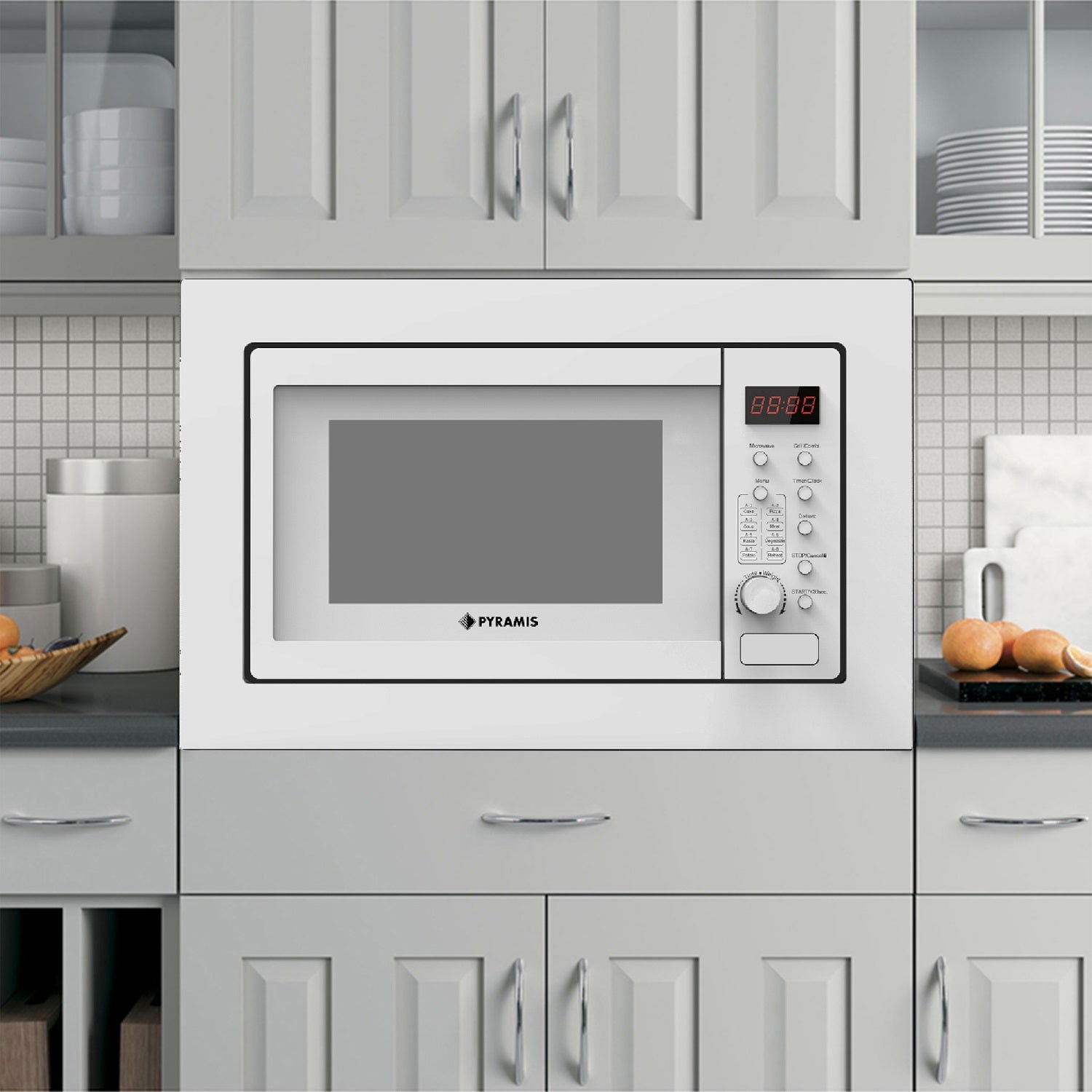 Cuptor microunde incorporabil Pyramis 30UG White, 28 litri, 900 W, 8 func?ii automate, 595x381x355mm - EpicHome.ro