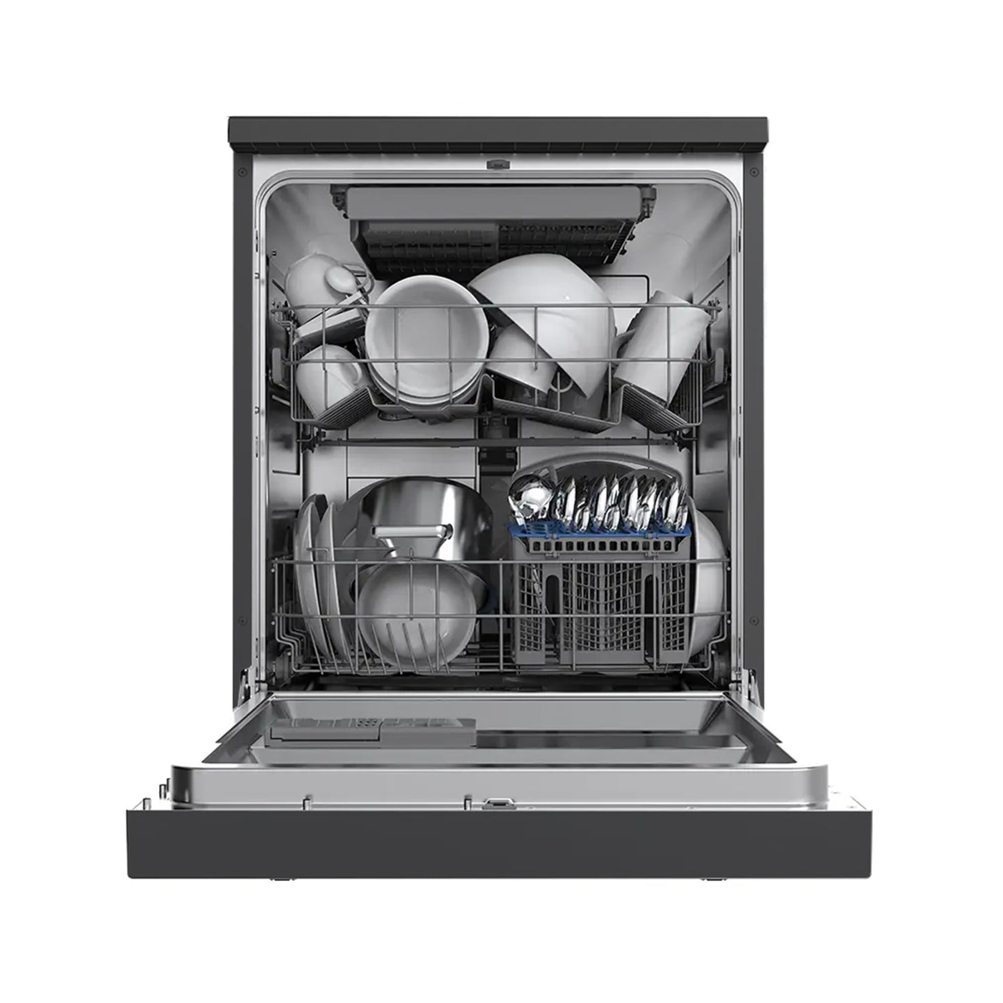 Masina de spalat vase Pyramis DWL 60FS Black, 14 Seturi, 7 programe, Clasa D, Power wash, Half load, Aquastop, Auto open, Child lock, 60 cm