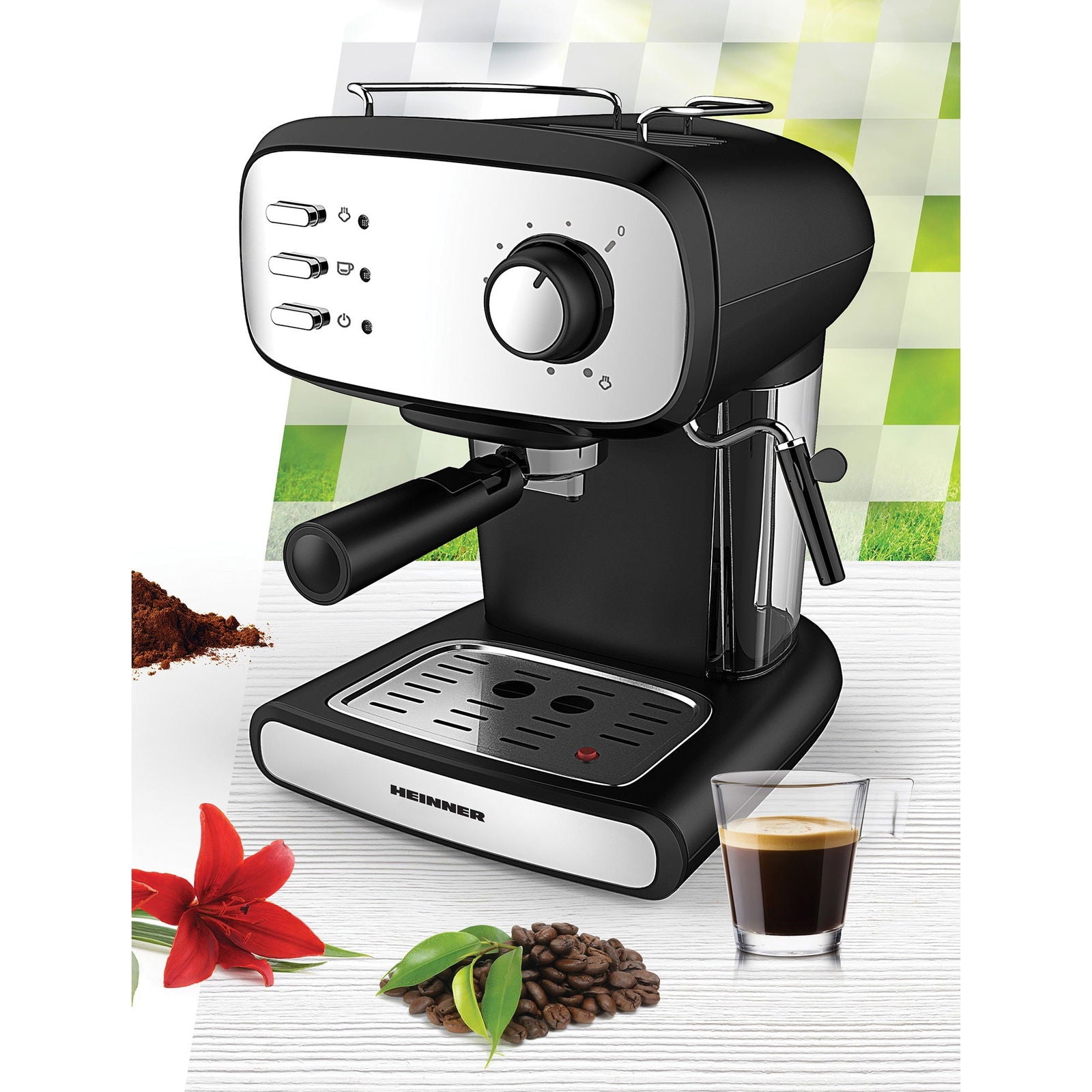 Espressor manual Heinner Black Boquette HEM-1100BKX, 850W, 15bar, Negru/Inox - EpicHome