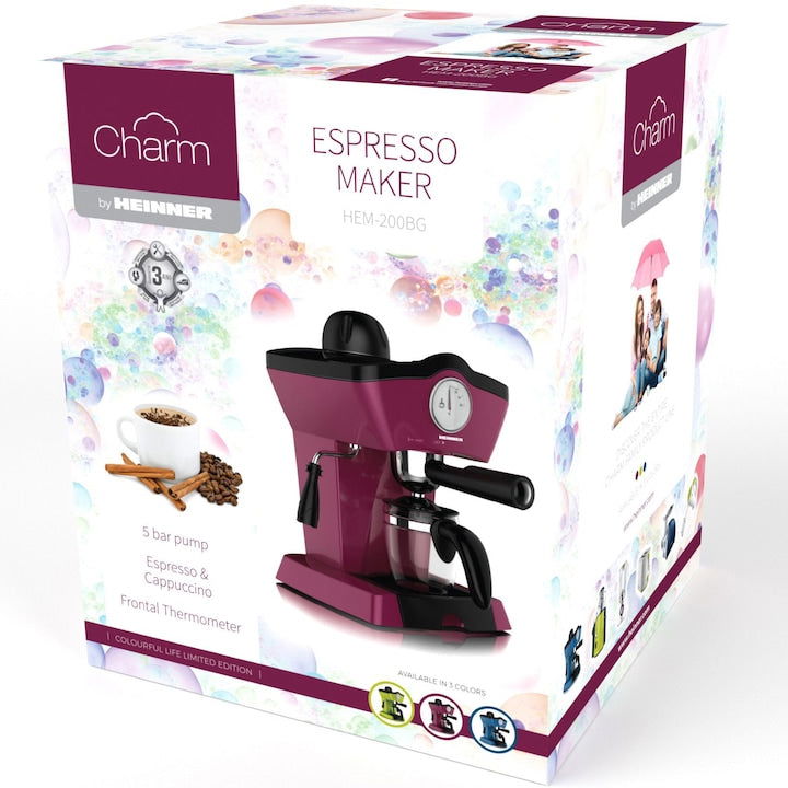 Espressor manual Heinner Charm HEM-200BG, 800W, 250ml, 3.5 bar, Visiniu - EpicHome