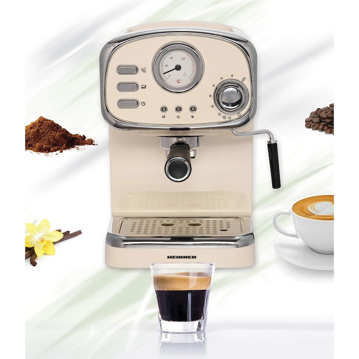 Espressor manual Heinner HEM-1100CR, 1100 W, 15 Bar, 1.25 L, Crem - EpicHome