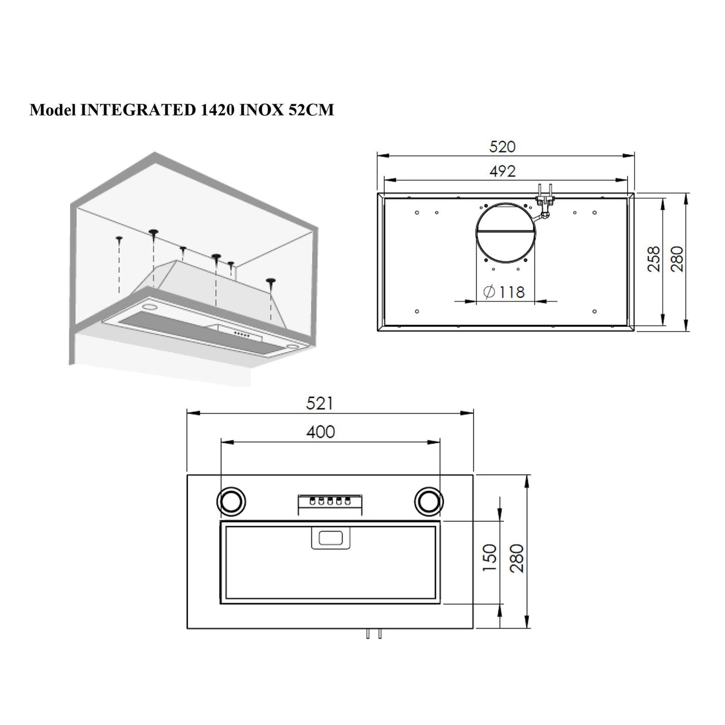 Hota total incorporabila Pyramis 1420, 1 motor, 420m³h, Inox, 52cm - EpicHome.ro
