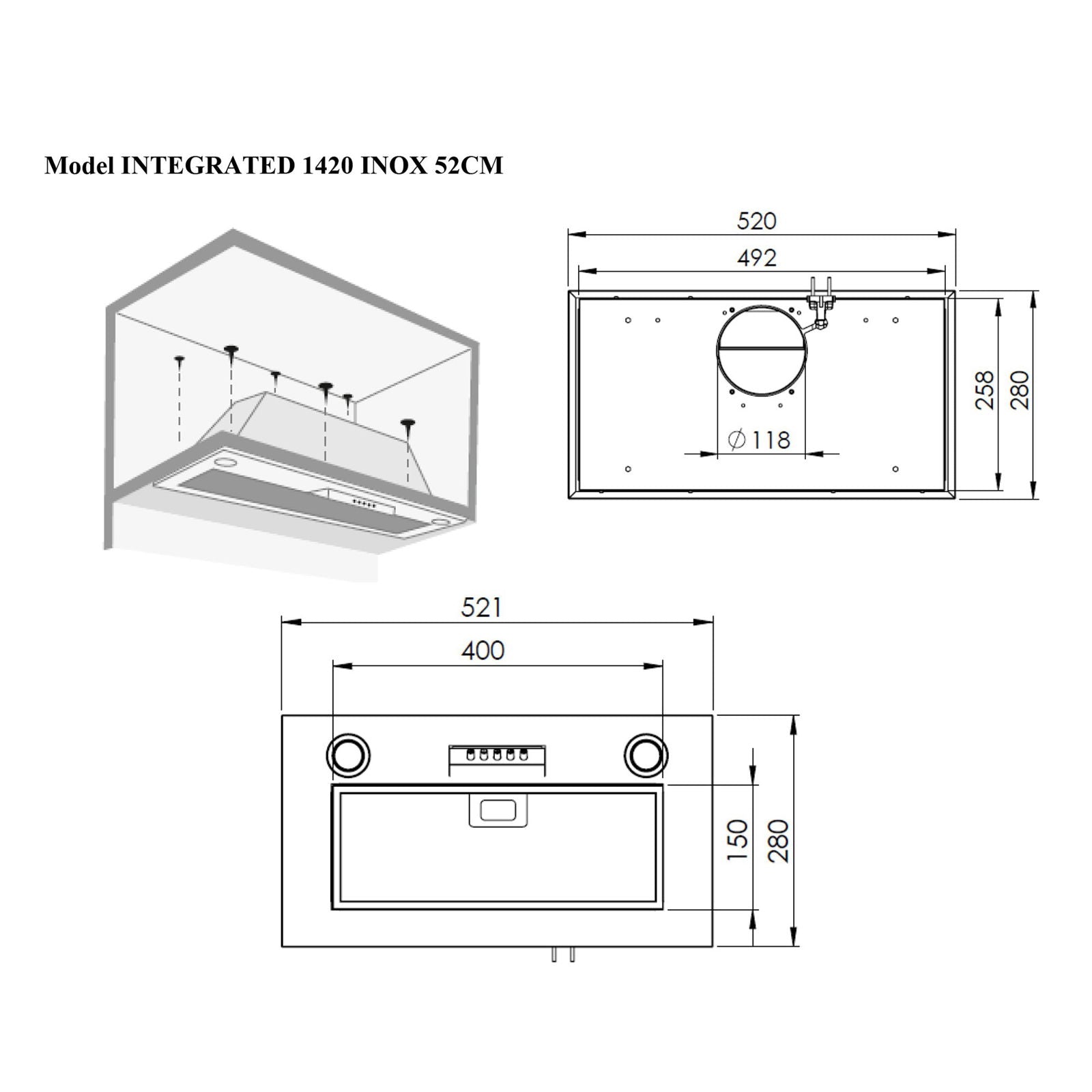 Hota total incorporabila Pyramis 1420, 1 motor, 420m³h, Inox, 52cm - EpicHome.ro