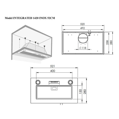 Hota total incorporabila Pyramis 1420, 1 motor, 420m³h, Inox, 52cm - EpicHome.ro