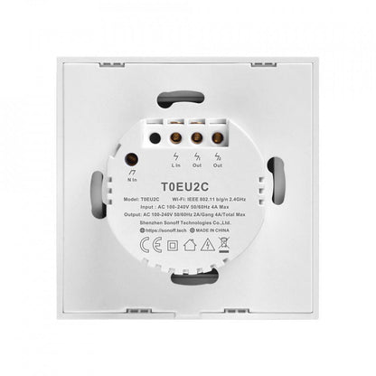 Intrerupator smart Sonoff T0EU2C TX, Wireless, cu touch, 2 canale, sticla, Alb - EpicHome.ro