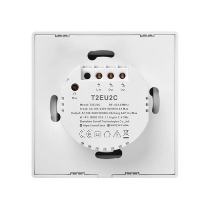 Intrerupator smart Sonoff T2EU1C TX, Wireless + RF 433, cu touch, 2 canale, sticla, Alb, cu bordura - EpicHome.ro