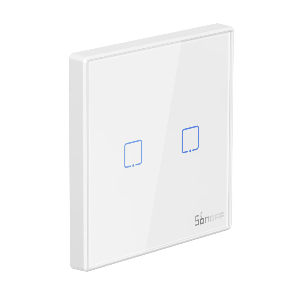 Intrerupator smart Sonoff T2EU1C TX, Wireless + RF 433, cu touch, 2 canale, sticla, Alb, cu bordura - EpicHome.ro