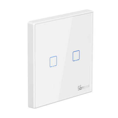 Intrerupator smart Sonoff T2EU1C TX, Wireless + RF 433, cu touch, 2 canale, sticla, Alb, cu bordura - EpicHome.ro
