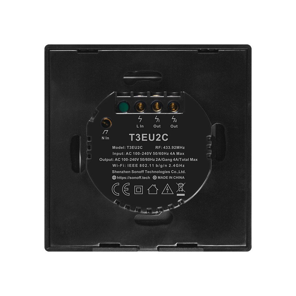 Intrerupator smart Sonoff T3EU2C TX, Wireless + RF 433, 2 canale, cu touch, sticla, Negru - EpicHome.ro