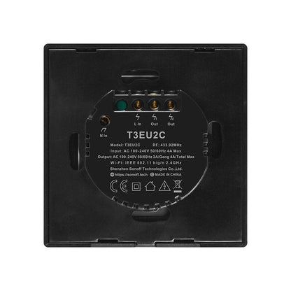 Intrerupator smart Sonoff T3EU2C TX, Wireless + RF 433, 2 canale, cu touch, sticla, Negru - EpicHome.ro